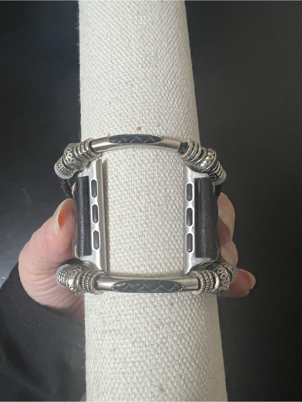 Woman’s Black Leather and Silver-Tone Apple Watch Bracelet